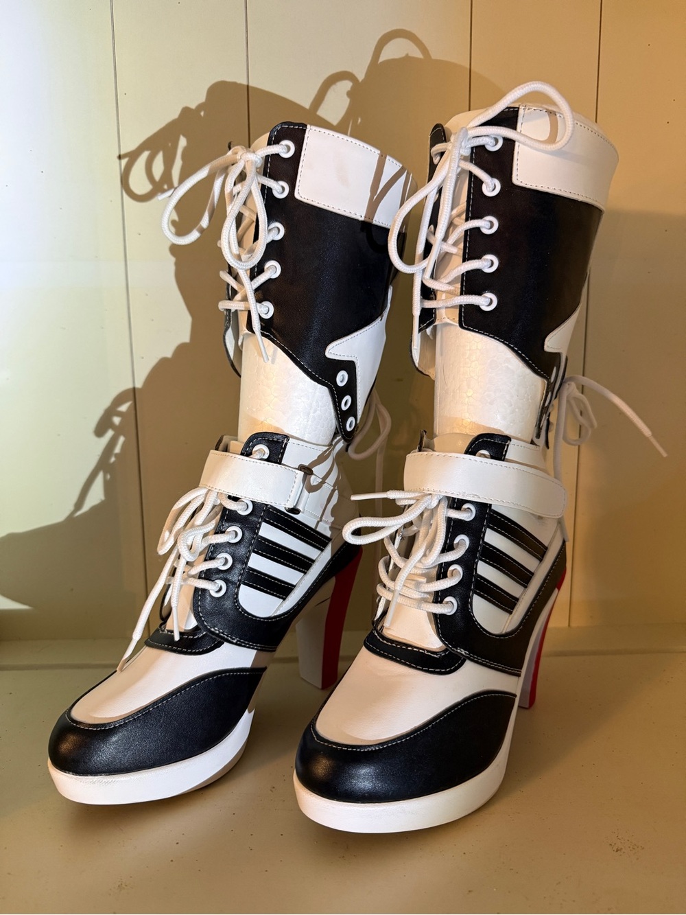 Women’s Harley Quinn Inspired Lace-Up High Heel Boots Black & White In Size 6
